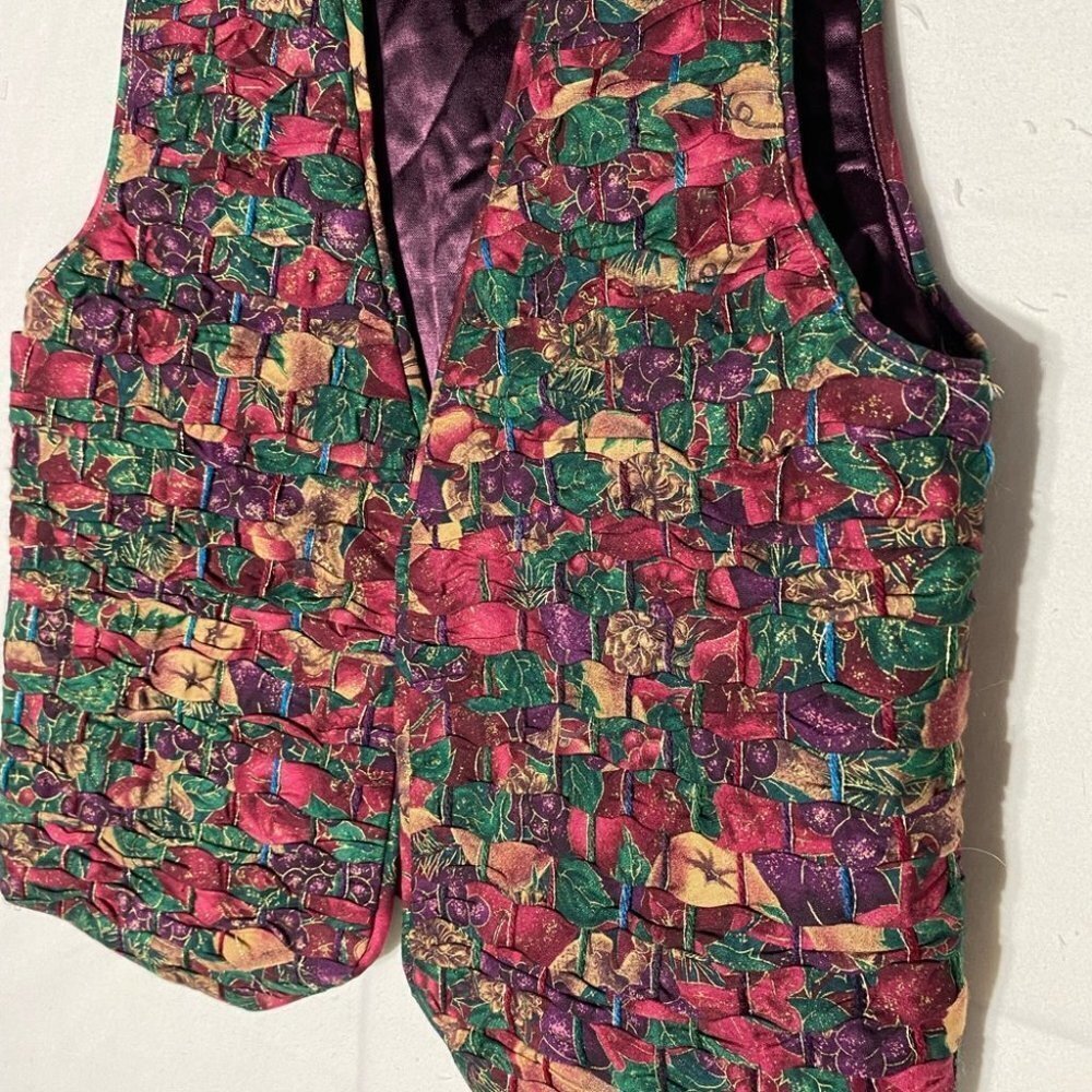 Vintage Handmade Woven Festive Print Vest with Purple Satin Back L - Picture 5 of 11